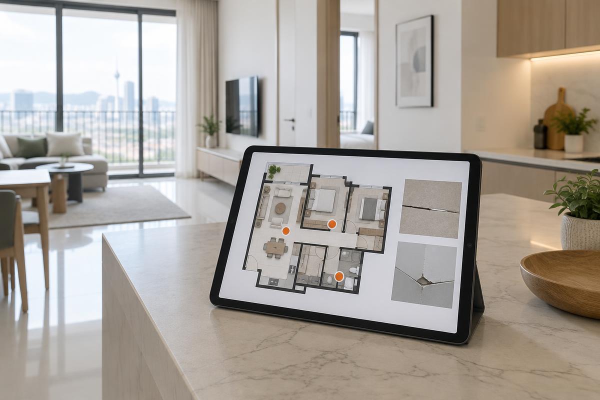 Tablet displaying floor-plan markers and defect photo evidence