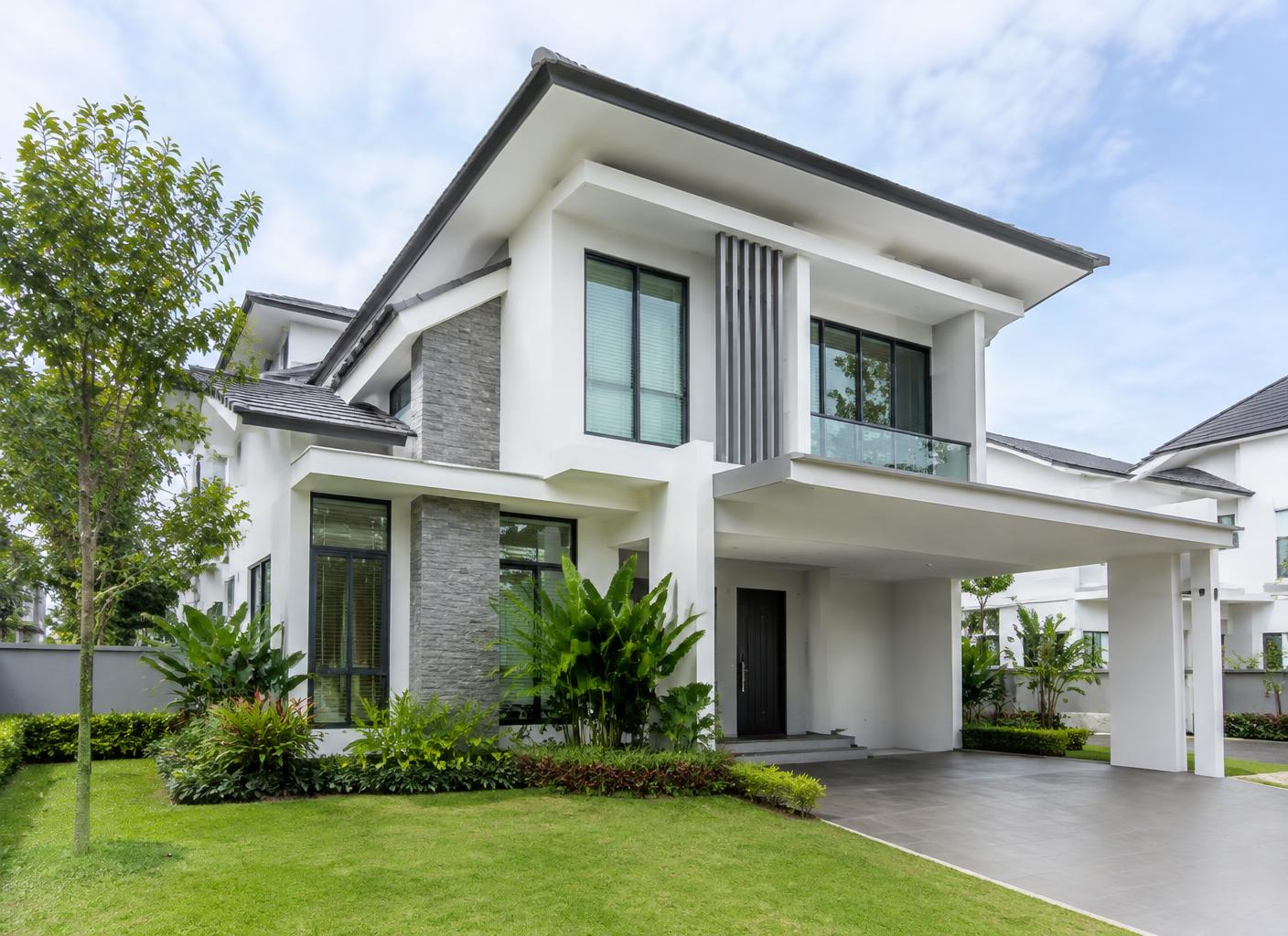 Modern home exterior with landscaped surroundings